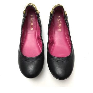 USED Lauren Ralph Lauren Womens Barb Black Leather Gold Chain Detail Ballet
